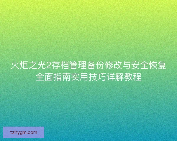 火炬之光2存档管理备份修改与安全恢复全面指南实用技巧详解教程